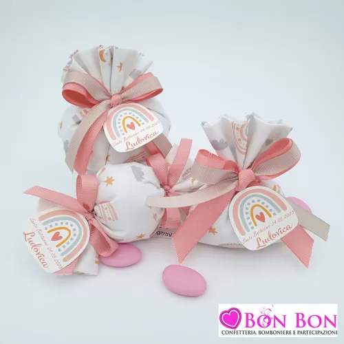 Sacchetti confetti battesimo arcobaleno rosa con tag Liete Creazioni - 1