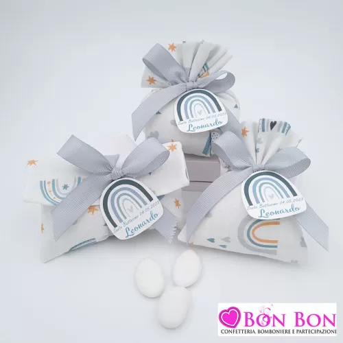 Sacchetti confetti battesimo arcobaleno celeste con tag Liete Creazioni - 1