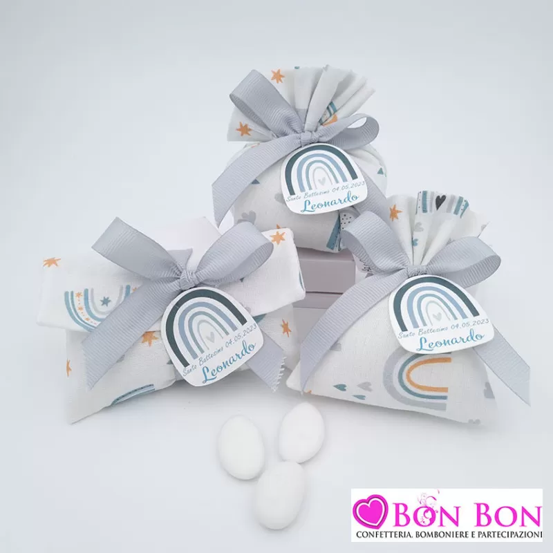 Sacchetti confetti battesimo arcobaleno celeste con tag Liete Creazioni - 1