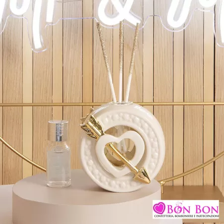 Bomboniera matrimonio diffusore tondo con cuore e freccia oro Claraluna - 1