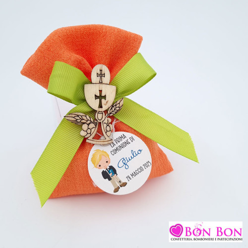 Sacchetto porta confetti prima comunione busta media melange arancio con tag