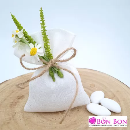 Sacchetto porta confetti matrimonio busta media lino panna con margherite e amaranthus - 1