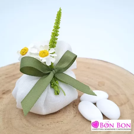 Sacchetto porta confetti matrimonio fagottino lino panna con margherite e amaranthus - 1