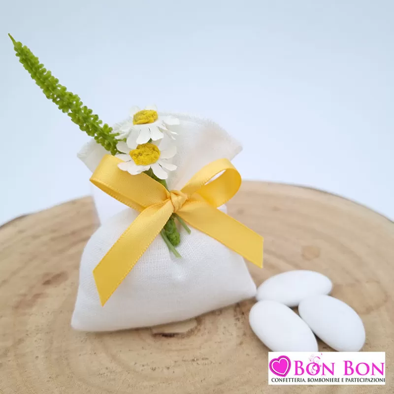 Sacchetto porta confetti matrimonio bustina lino panna con margherite e amaranthus - 1