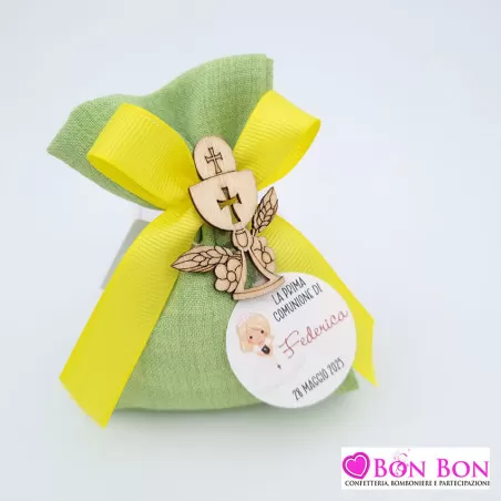 Sacchetto porta confetti prima comunione busta media melange verde con tag - 1
