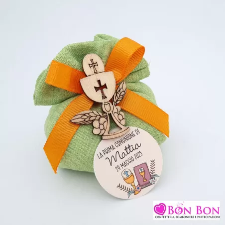 Sacchetto porta confetti prima comunione fagottino melange verde con tag - 1