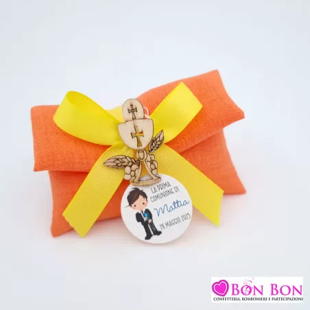 Sacchetto porta confetti prima comunione busta lettera melange arancio con tag - 1