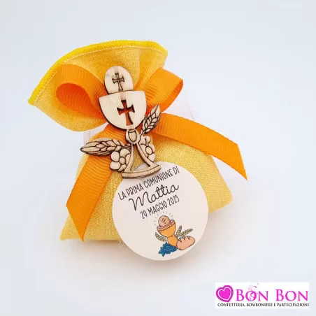 Sacchetto porta confetti prima comunione bustina melange giallo con tag - 1