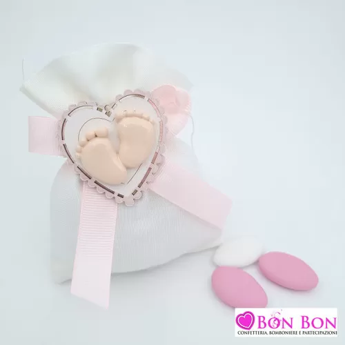 Bomboniera nascita e battesimo magnete cuore piedini girl con sacchetto Royal Gifts - 1