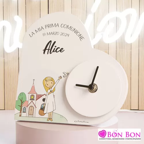 Bomboniera prima comunione orologio cuore bimba con chiesa Claraluna - 1