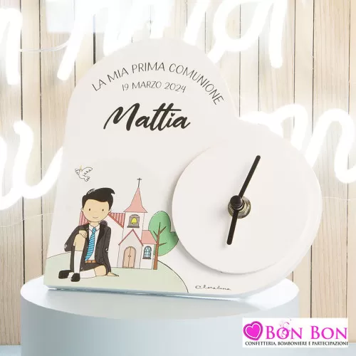 Bomboniera prima comunione orologio cuore bimbo con chiesa Claraluna - 1