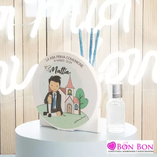 Bomboniera prima comunione diffusore con disegno bimbo con chiesa Claraluna - 1