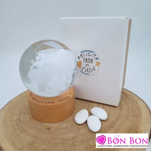 Bomboniera matrimonio sfera mappamondo con base in legno e luce ETM - 1