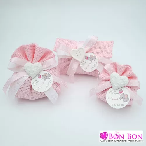 Sacchetti confetti battesimo telaida rosa con gessetto cuore Liete Creazioni - 1