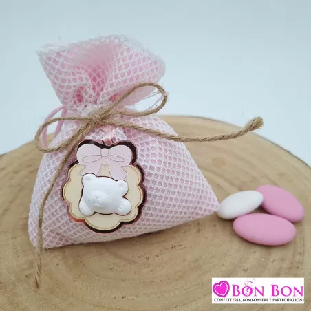 Sacchetto nascita e battesimo rosa rivestito di rete bianca ETM - 1
