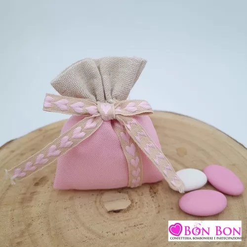 Sacchetto nascita e battesimo rosa e beige con fiocco cuori rosa ETM - 1