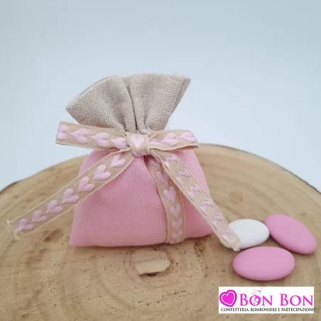 Sacchetto nascita e battesimo rosa e beige con fiocco cuori rosa ETM - 1
