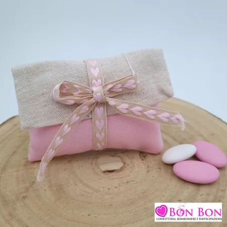 Sacchetto nascita e battesimo busta lettera rosa e beige con fiocco cuori rosa ETM - 1