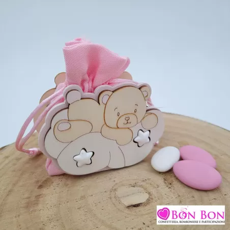 Scatolina legno orso su nuvola rosa Le stelle - 1