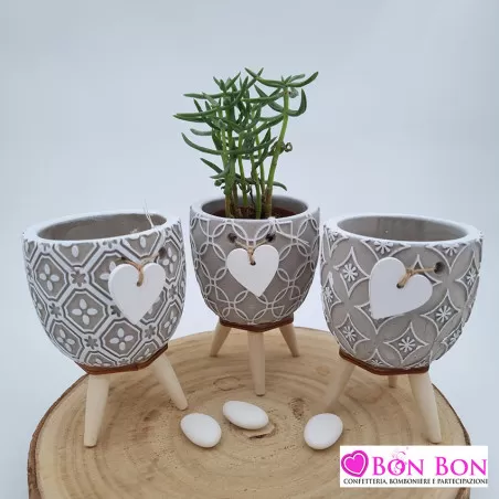 Bomboniera matrimonio vasetto porta piantina con base tre piedi legno ETM - 1