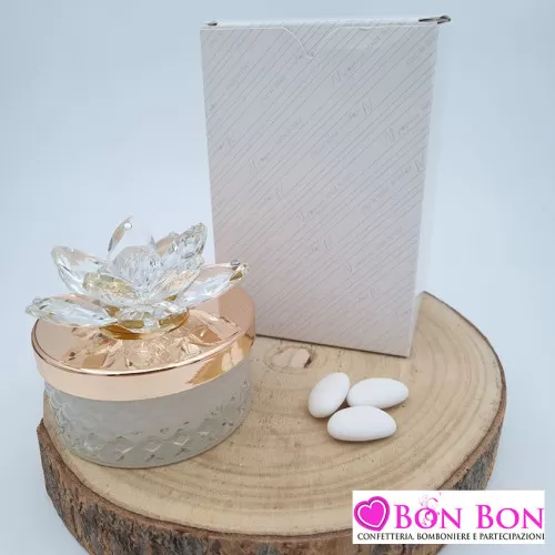Bomboniera matrimonio candela bassa con tappo oro e fiore di cristallo Melograno - 1