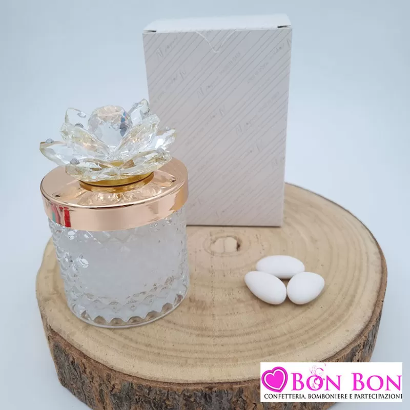 Bomboniera matrimonio candela piccola con tappo oro e fiore di cristallo Melograno - 1