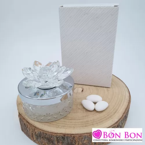 Bomboniera matrimonio candela media bassa con tappo argentato e fiore di cristallo Melograno - 1
