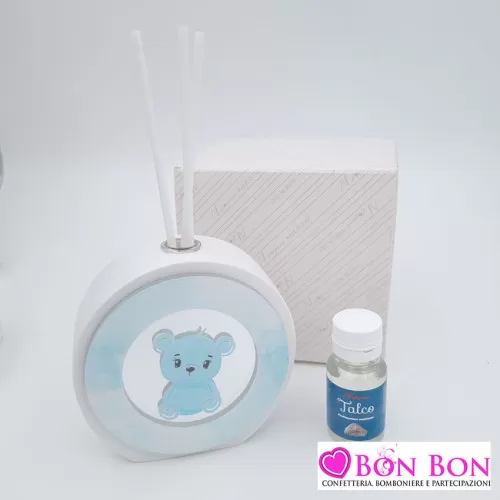 Bomboniera nascita e battesimo profumatore in gesso con orsetto in plex cielo Melograno - 1