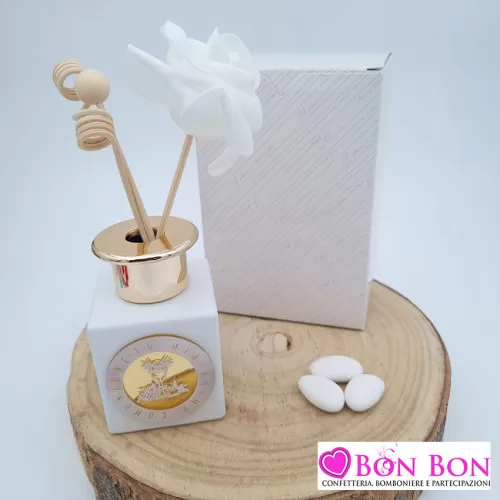 Bomboniera prima comunione profumatore bianco con decoro in plex oro Melograno - 1