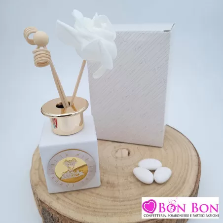 Bomboniera prima comunione profumatore bianco con decoro in plex oro Melograno - 1