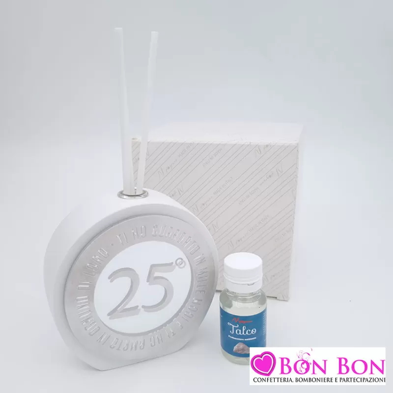 Bomboniera nozze d'argento profumatore tondo con decoro in plex argentato Melograno - 1