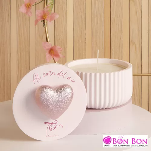 Bomboniera battesimo scatola bassa con cuore rosa e candela Claraluna - 1