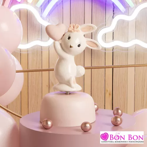 Bomboniera nascita e battesimo Claraluna carillon con coniglio rosa Claraluna - 1