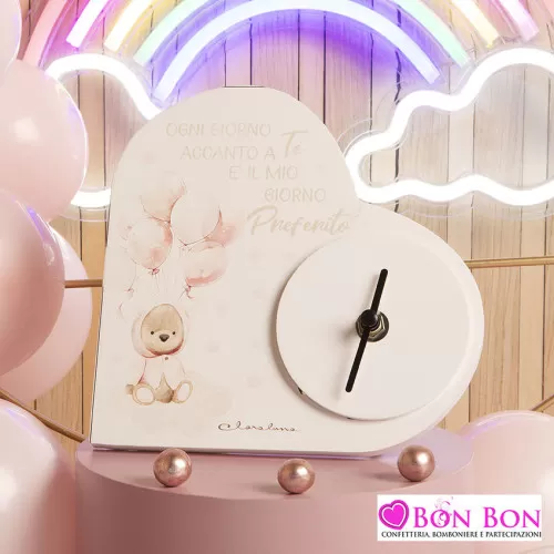 Bomboniera nascita e battesimo orologio cuore con orsetto rosa Claraluna - 1