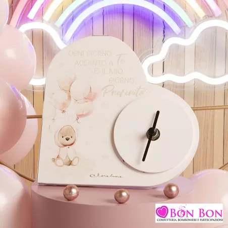 Bomboniera nascita e battesimo orologio cuore con orsetto rosa Claraluna - 1