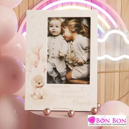 Bomboniera nascita e battesimo portafoto con orsetto rosa Claraluna - 1