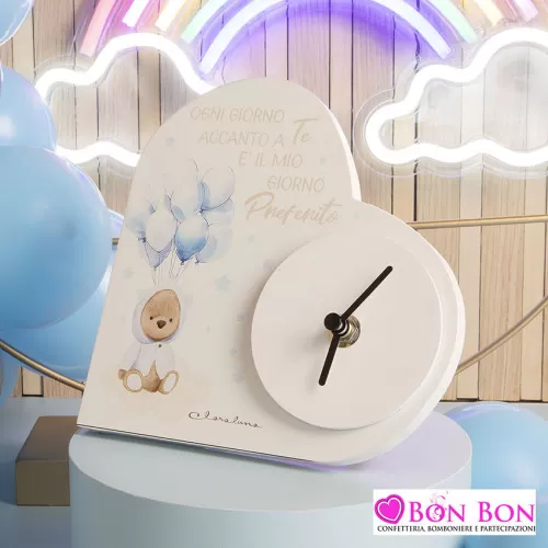 Bomboniera nascita e battesimo orologio cuore con orsetto azzurro Claraluna - 1