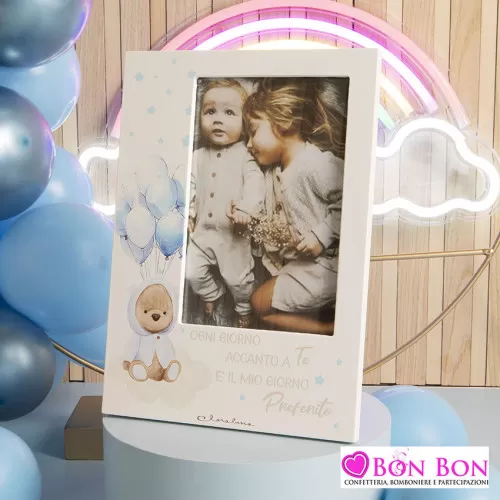 Bomboniera nascita e battesimo portafoto con orsetto azzurro Claraluna - 1