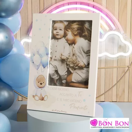 Bomboniera nascita e battesimo portafoto con orsetto azzurro Claraluna - 1