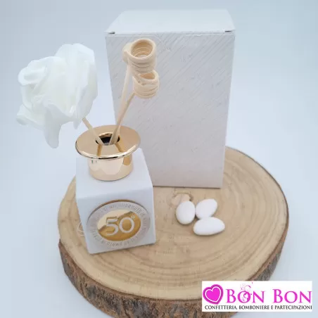 Bomboniera nozze d´oro profumatore cubo con applicazione 50 in plex Melograno - 1