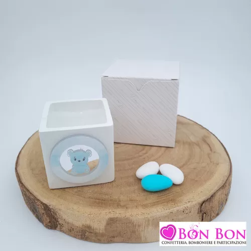 Bomboniera nascita e battesimo candela cubo con applicazione orsetto cielo in plex Melograno - 1