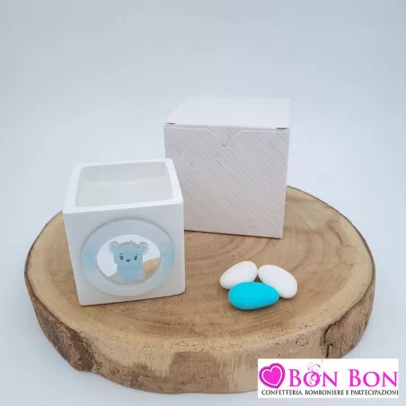 Bomboniera nascita e battesimo candela cubo con applicazione orsetto cielo in plex Melograno - 1