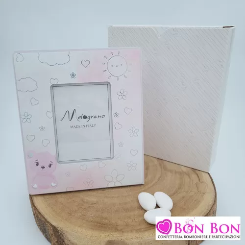 Bomboniera nascita e battesimo portafoto rosa con dettagli in plex Melograno - 1