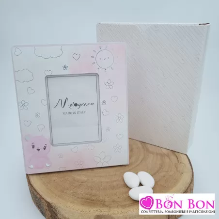 Bomboniera nascita e battesimo portafoto rosa con dettagli in plex Melograno - 1