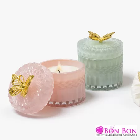 Bomboniera matrimonio candela profumata in vetro rosa o verde AD - 1