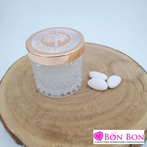 Bomboniera matrimonio candela piccola in vetro con tappo oro decorato Melograno - 1