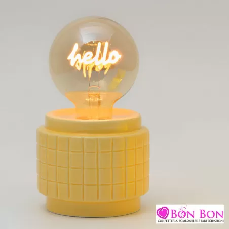 Bomboniera matrimonio lampada led base in ceramica gialla e scritta hello AD - 1