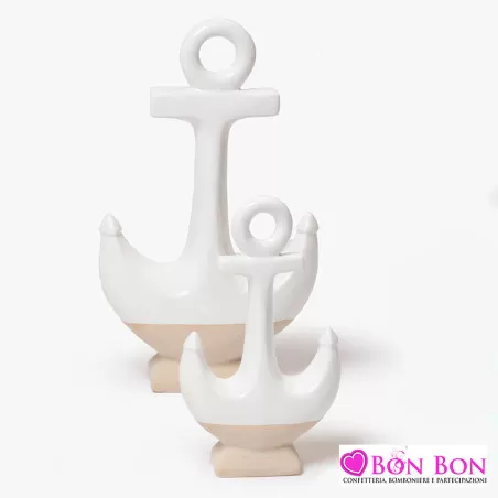 Bomboniera matrimonio ancora in ceramica bianca con base tortora AD - 1