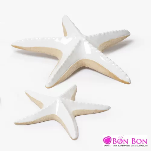 Bomboniera matrimonio stella marina in ceramica bianca con base tortora AD - 1