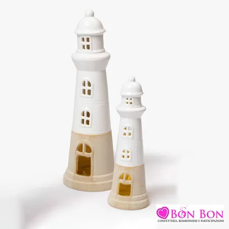 Bomboniera matrimonio faro in ceramica bianca con led AD - 1